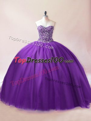 Edgy Purple Sweetheart Lace Up Beading Quinceanera Gown Sleeveless