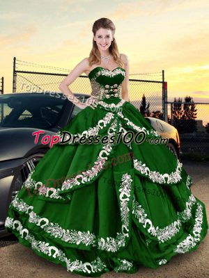 Dark Green Ball Gowns Sweetheart Sleeveless Satin Floor Length Lace Up Appliques and Ruffled Layers Quinceanera Gowns