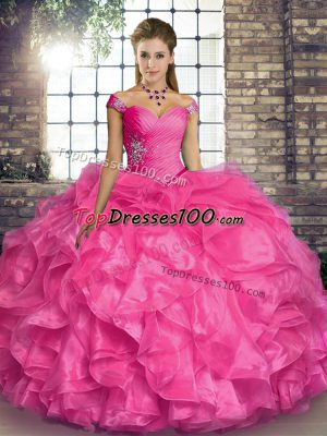 Off The Shoulder Sleeveless Lace Up Ball Gown Prom Dress Hot Pink Organza