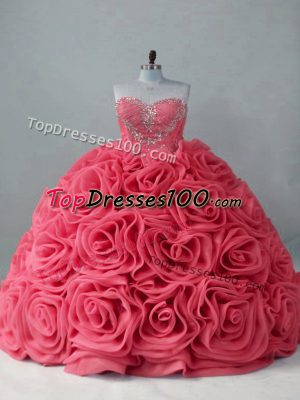 Ball Gowns Sleeveless Coral Red Vestidos de Quinceanera Brush Train Lace Up