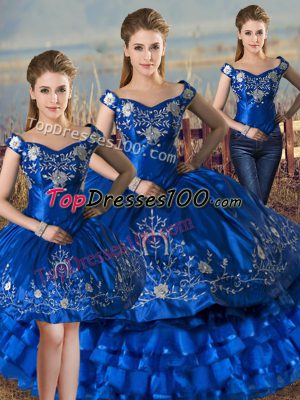 Royal Blue Lace Up Off The Shoulder Embroidery and Ruffled Layers Ball Gown Prom Dress Satin and Organza Sleeveless