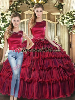 Top Selling Wine Red Lace Up Scoop Ruffled Layers Quince Ball Gowns Organza Sleeveless