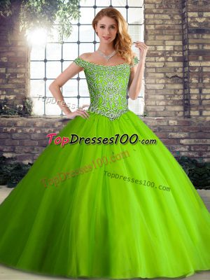 Ideal Lace Up Off The Shoulder Beading Quince Ball Gowns Tulle Sleeveless Brush Train