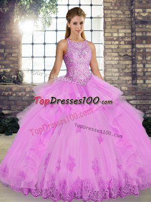 Super Lilac Ball Gowns Tulle Scoop Sleeveless Lace and Embroidery and Ruffles Floor Length Lace Up Quinceanera Dress