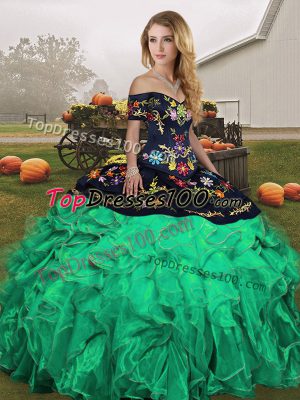 Floor Length Green Vestidos de Quinceanera Organza Sleeveless Embroidery and Ruffles