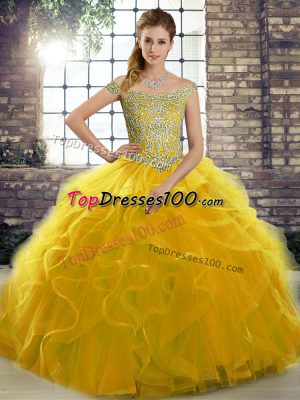 Suitable Ball Gowns Sleeveless Gold Quince Ball Gowns Brush Train Lace Up