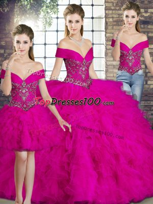 Fuchsia Sweet 16 Dress Military Ball and Sweet 16 and Quinceanera with Beading and Ruffles Off The Shoulder Sleeveless Lace Up