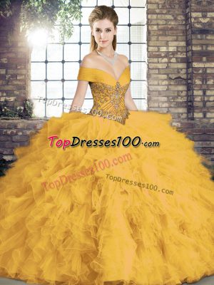 Glorious Floor Length Gold Ball Gown Prom Dress Off The Shoulder Sleeveless Lace Up