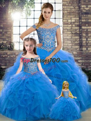 Eye-catching Lace Up Ball Gown Prom Dress Blue for Military Ball and Sweet 16 and Quinceanera with Beading and Ruffles Brush Train