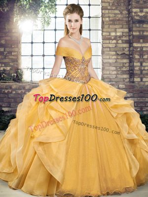 Off The Shoulder Sleeveless Lace Up Quinceanera Gowns Gold Organza