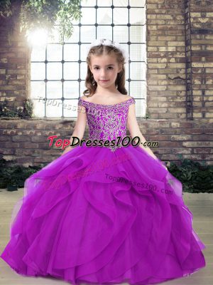Popular Beading and Ruffles Little Girl Pageant Dress Purple Lace Up Sleeveless Floor Length