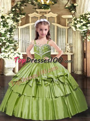 Glorious Olive Green Ball Gowns Beading and Ruffled Layers Girls Pageant Dresses Lace Up Taffeta Sleeveless Floor Length