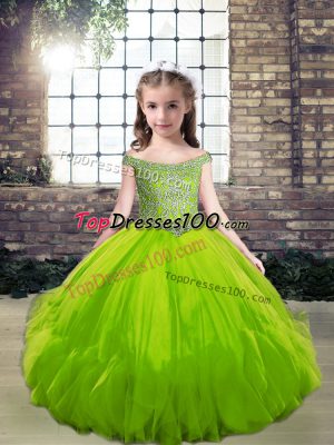 Sleeveless Tulle Floor Length Lace Up Pageant Gowns For Girls in Green with Beading