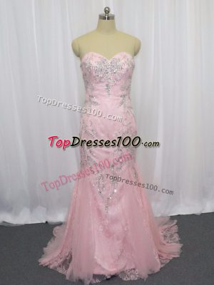 Sweetheart Sleeveless Tulle Evening Outfits Beading Brush Train Zipper