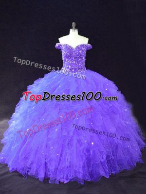 Deluxe Purple Off The Shoulder Neckline Beading Quinceanera Dress Sleeveless Lace Up