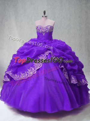 Beading and Appliques and Pick Ups Quinceanera Dresses Purple Lace Up Sleeveless Floor Length