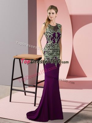 Superior Dark Purple Prom Dresses Satin Sweep Train Sleeveless Appliques