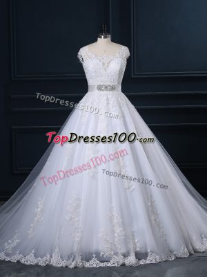 Scoop Sleeveless Wedding Gown Court Train Beading and Lace White Tulle
