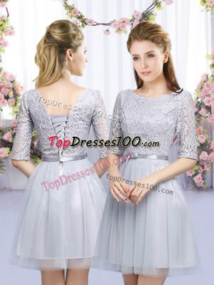 Shining Scoop Half Sleeves Lace Up Bridesmaid Gown Grey Tulle