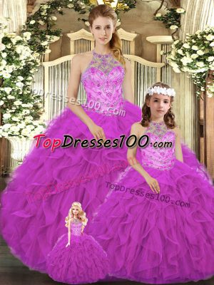 Fuchsia Halter Top Neckline Beading and Ruffles Sweet 16 Quinceanera Dress Sleeveless Lace Up