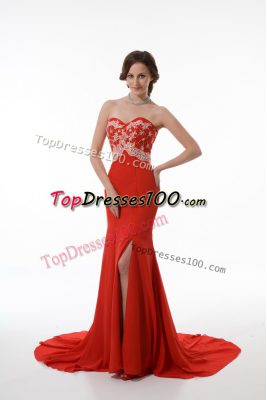 High End Brush Train Mermaid Prom Evening Gown Red Sweetheart Chiffon Sleeveless Zipper