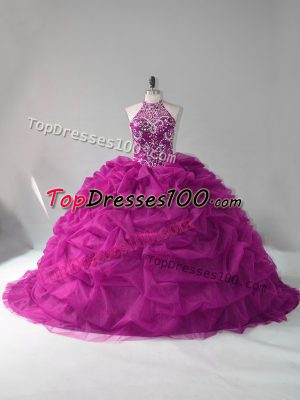 Spectacular Fuchsia Ball Gowns Beading and Pick Ups 15 Quinceanera Dress Lace Up Organza Sleeveless