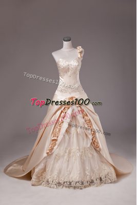 Stunning Sleeveless Embroidery and Hand Made Flower Lace Up Sweet 16 Dresses with Champagne Brush Train