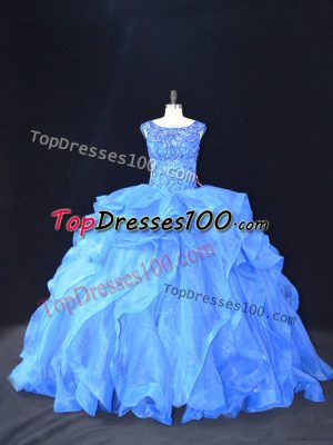 Affordable Brush Train Ball Gowns Quince Ball Gowns Blue Scoop Organza Sleeveless Lace Up