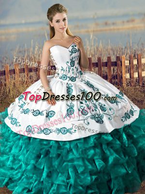 Teal Sleeveless Floor Length Embroidery and Ruffles Lace Up 15th Birthday Dress