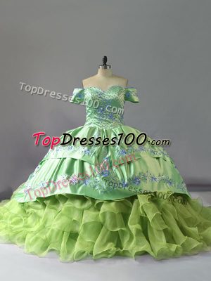 Lovely Yellow Green Sleeveless Chapel Train Embroidery and Ruffles Sweet 16 Dresses