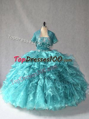 Shining Turquoise Sleeveless Beading Floor Length 15 Quinceanera Dress