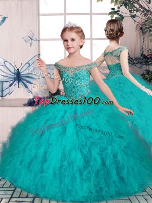 Teal Sleeveless Tulle Lace Up Little Girls Pageant Gowns for Party and Sweet 16 and Wedding Party