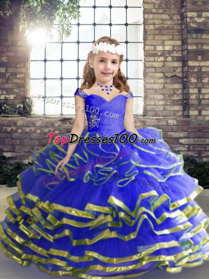 Blue Ball Gowns Tulle Sweetheart Sleeveless Beading and Ruching Floor Length Lace Up Pageant Gowns For Girls