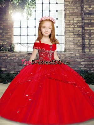 Custom Design Straps Sleeveless Lace Up Glitz Pageant Dress Red Tulle