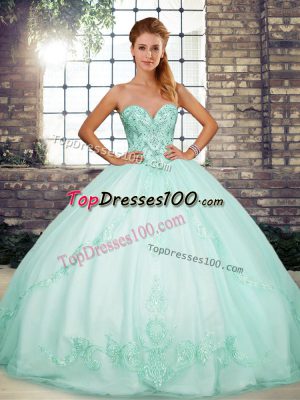 Fancy Sleeveless Floor Length Beading and Embroidery Lace Up Sweet 16 Dresses with Apple Green