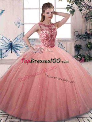 Scoop Sleeveless Quinceanera Dress Floor Length Beading Watermelon Red Tulle