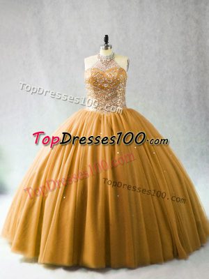 Deluxe Gold Halter Top Lace Up Beading 15th Birthday Dress Brush Train Sleeveless