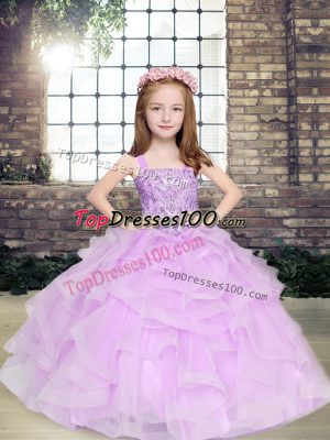 Lavender Straps Neckline Beading and Ruffles Pageant Dress for Teens Sleeveless Lace Up