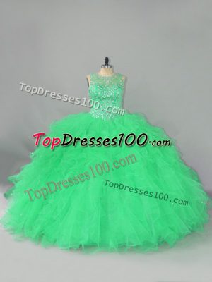 Flare Turquoise Lace Up Quince Ball Gowns Beading and Ruffles Sleeveless Floor Length