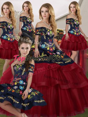 Stunning Wine Red Quinceanera Gown Off The Shoulder Sleeveless Brush Train Lace Up