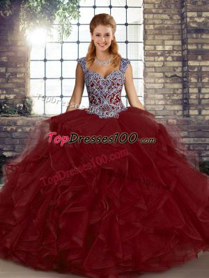 Floor Length Wine Red Quinceanera Dress Straps Sleeveless Lace Up
