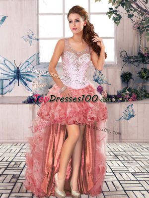 Sleeveless Organza High Low Zipper Evening Dress in Watermelon Red with Beading and Ruffles