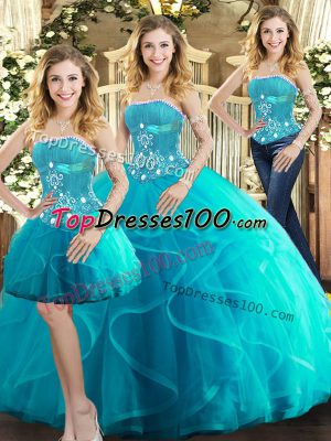 High Class Floor Length Aqua Blue Sweet 16 Quinceanera Dress Strapless Sleeveless Lace Up