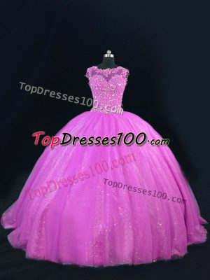 Top Selling Lilac Tulle Lace Up Scoop Sleeveless Floor Length Quinceanera Dress Beading and Lace