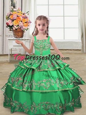 Green Straps Neckline Embroidery and Ruffled Layers Little Girls Pageant Dress Wholesale Sleeveless Lace Up