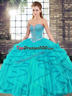 Glorious Aqua Blue Ball Gowns Sweetheart Sleeveless Tulle Floor Length Lace Up Beading and Ruffles Quince Ball Gowns