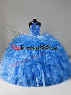 Blue Zipper Scoop Beading and Ruffles Sweet 16 Quinceanera Dress Organza Sleeveless Brush Train