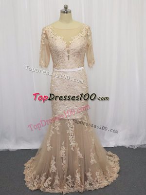 Champagne Prom Gown Scoop Half Sleeves Brush Train Backless