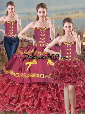 Romantic Burgundy Mermaid Satin and Organza Sweetheart Sleeveless Embroidery and Ruffles Lace Up Vestidos de Quinceanera Brush Train