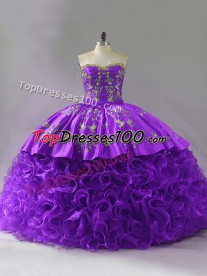 Purple Ball Gowns Embroidery and Ruffles Quinceanera Dresses Lace Up Fabric With Rolling Flowers Sleeveless